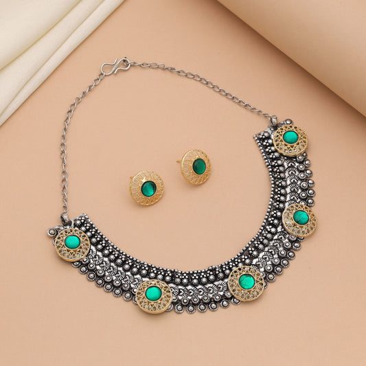 Green Color Dual Tone Oxidised Necklace Set Inspired By Cultural Heritage