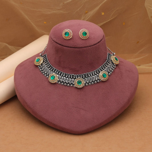 Green Color Dual Tone Oxidised Necklace Set Inspired By Cultural Heritage