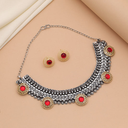 Red Color Dual Tone Oxidised Necklace Set With Royal Ethnic Appeal