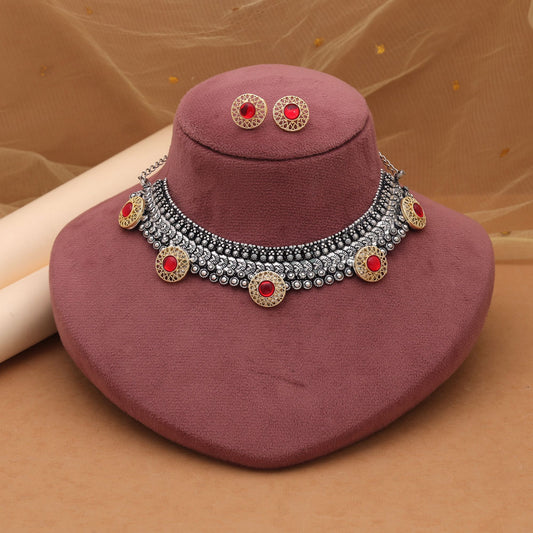 Red Color Dual Tone Oxidised Necklace Set With Royal Ethnic Appeal