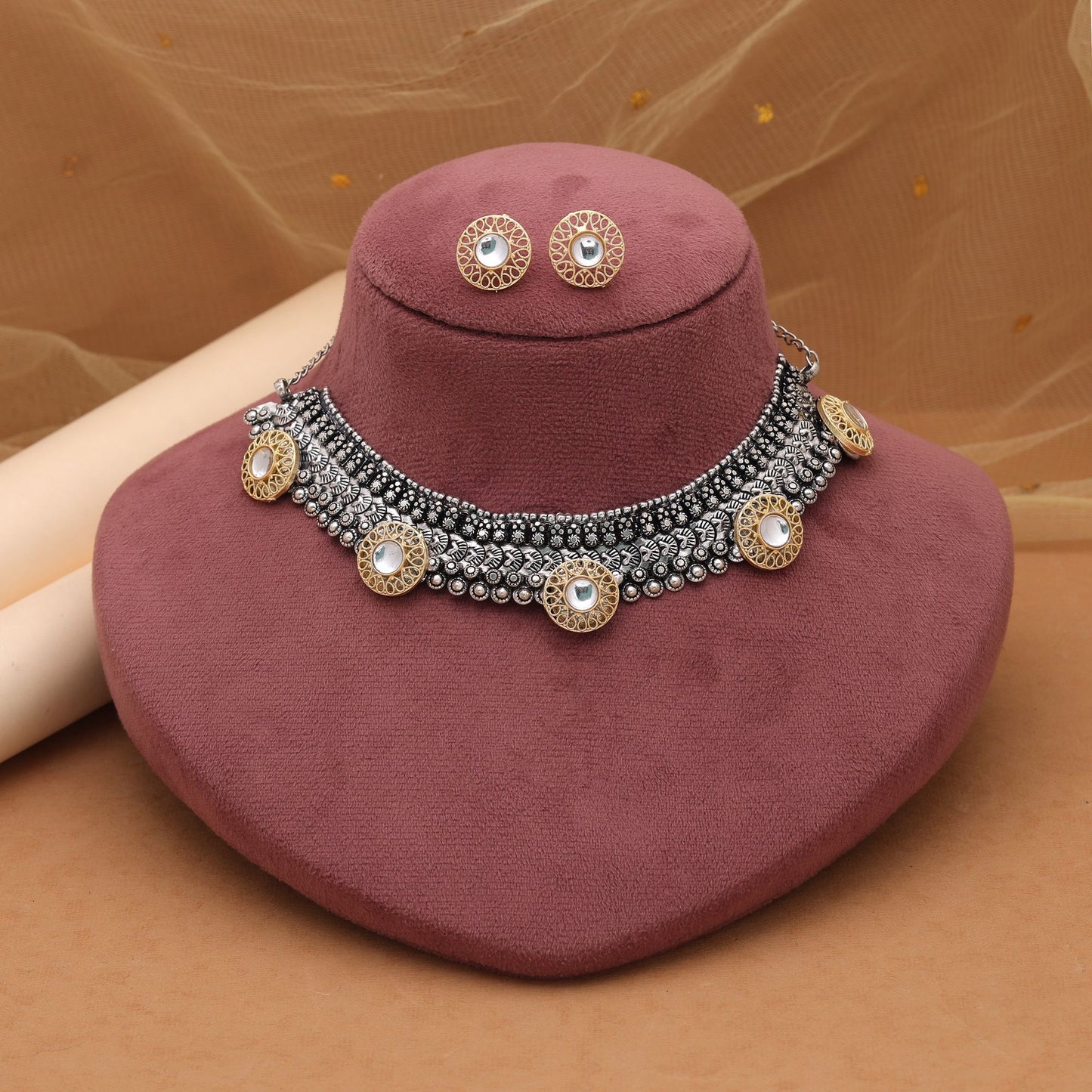 White Color Dual Tone Oxidised Necklace Set Featuring Traditional Craftsmanship