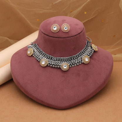 White Color Dual Tone Oxidised Necklace Set Featuring Traditional Craftsmanship