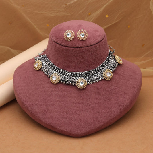 White Color Dual Tone Oxidised Necklace Set Featuring Traditional Craftsmanship