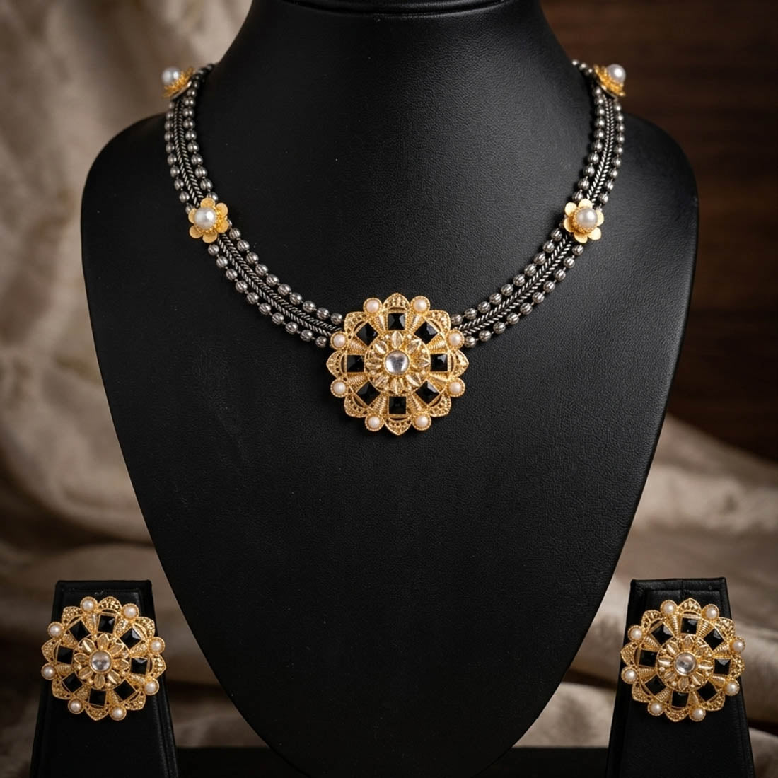 Black Color Oxidised Necklace Set with Unique Dual Tone Design