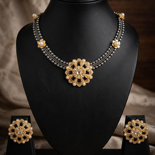Black Color Oxidised Necklace Set with Unique Dual Tone Design
