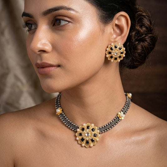 Black Color Oxidised Necklace Set with Unique Dual Tone Design