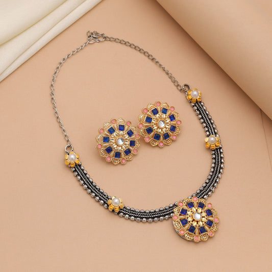 Blue & Light Pink Color Dual Tone Oxidised Necklace Set For Women