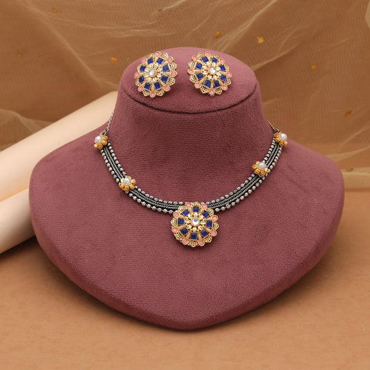 Blue & Light Pink Color Dual Tone Oxidised Necklace Set For Women