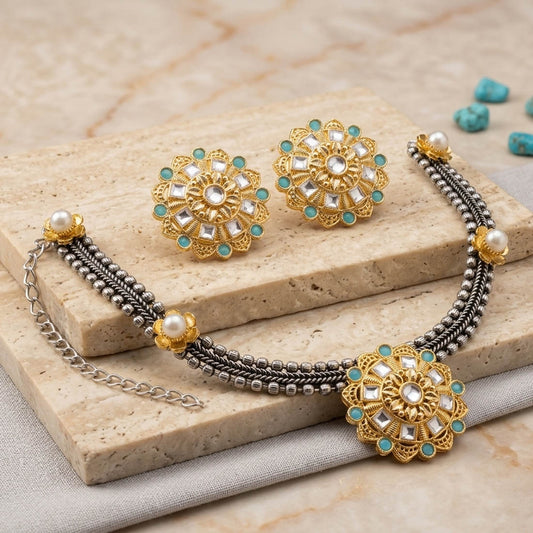 Pista Green Color Oxidised Necklace Set with Dual Tone Elegance