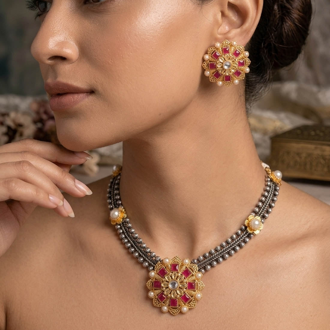 Rani Color Oxidised Necklace Set with Premium Dual Tone Styling