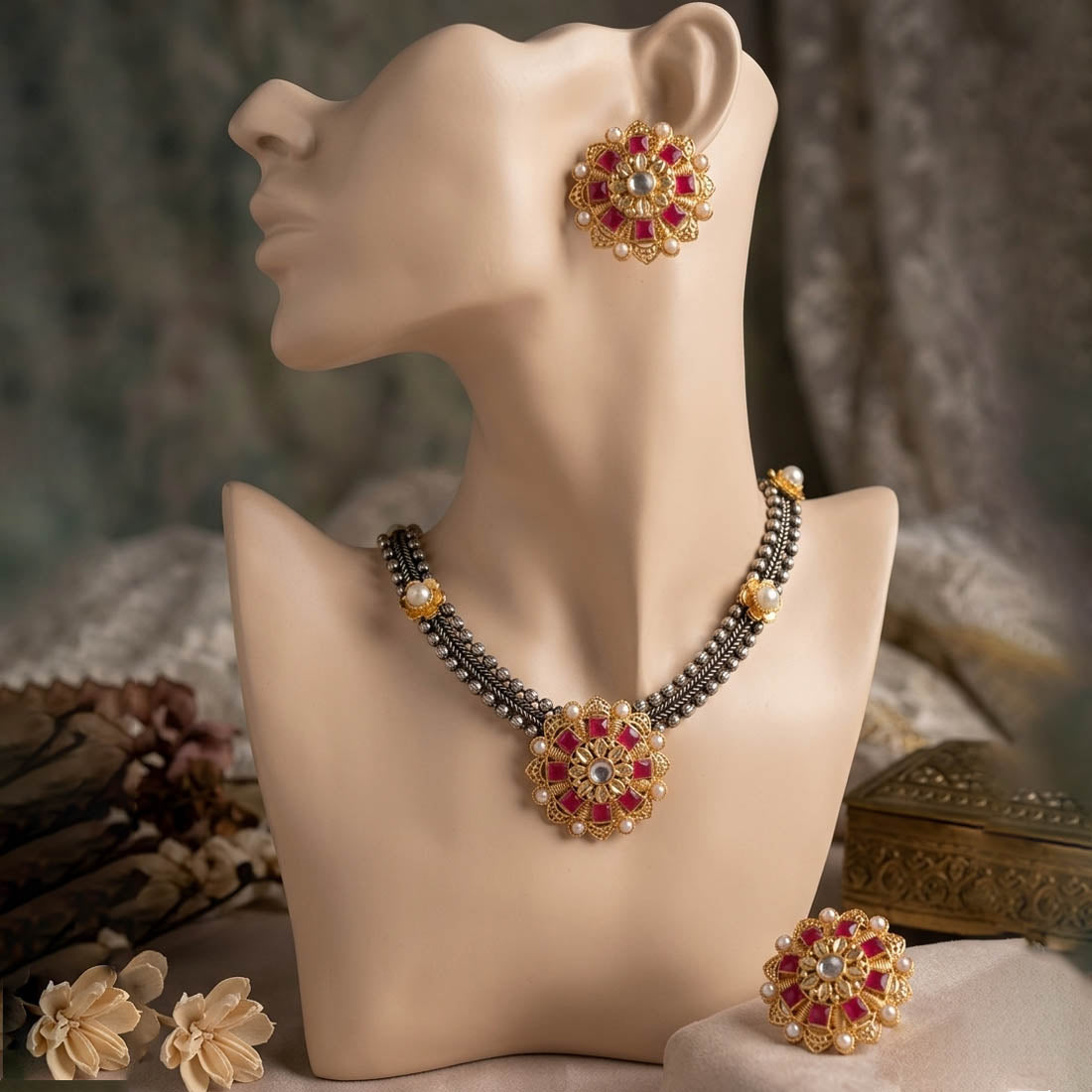 Rani Color Oxidised Necklace Set with Premium Dual Tone Styling