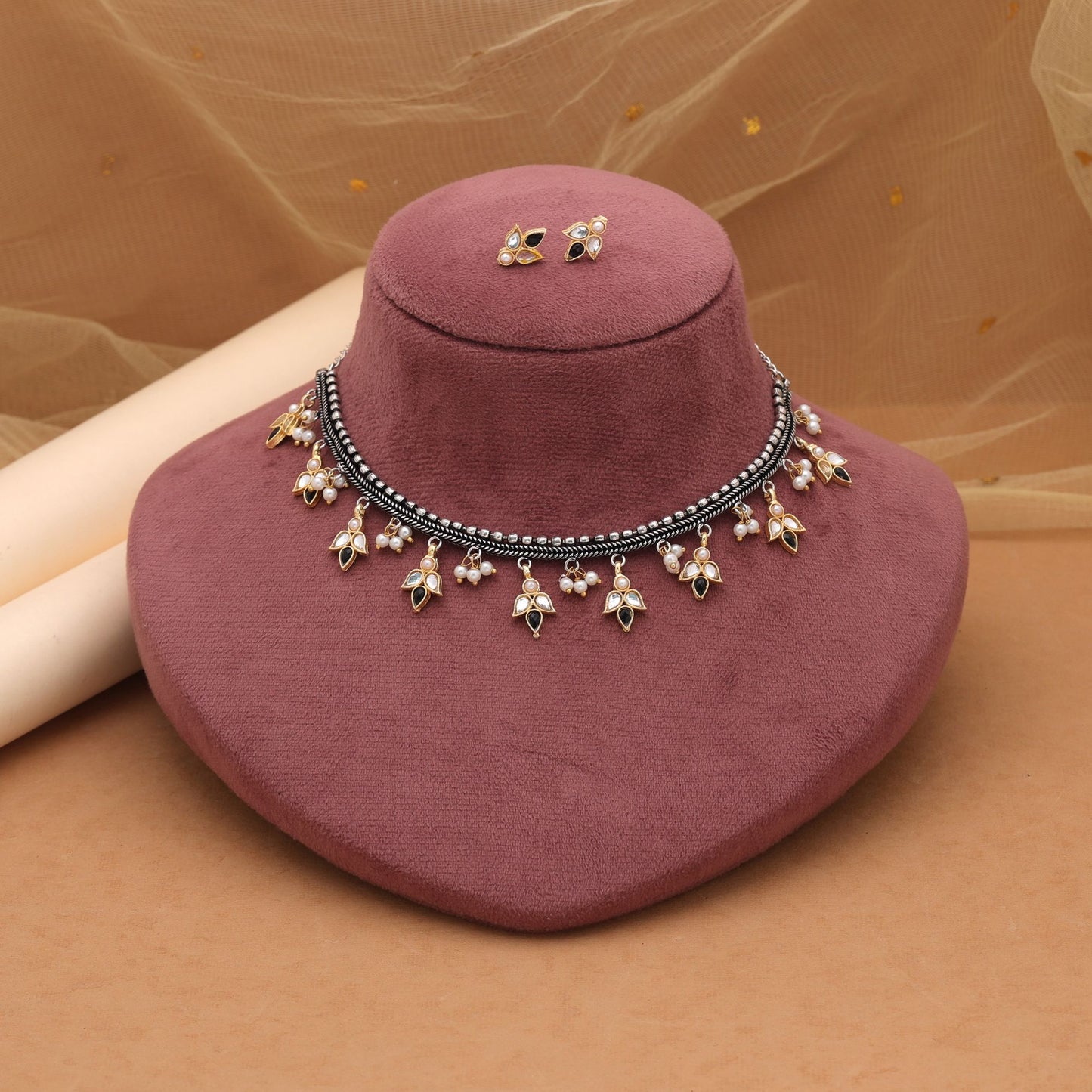 Black Color Dual Tone Oxidised Necklace Set With Stylish Ethnic Finish