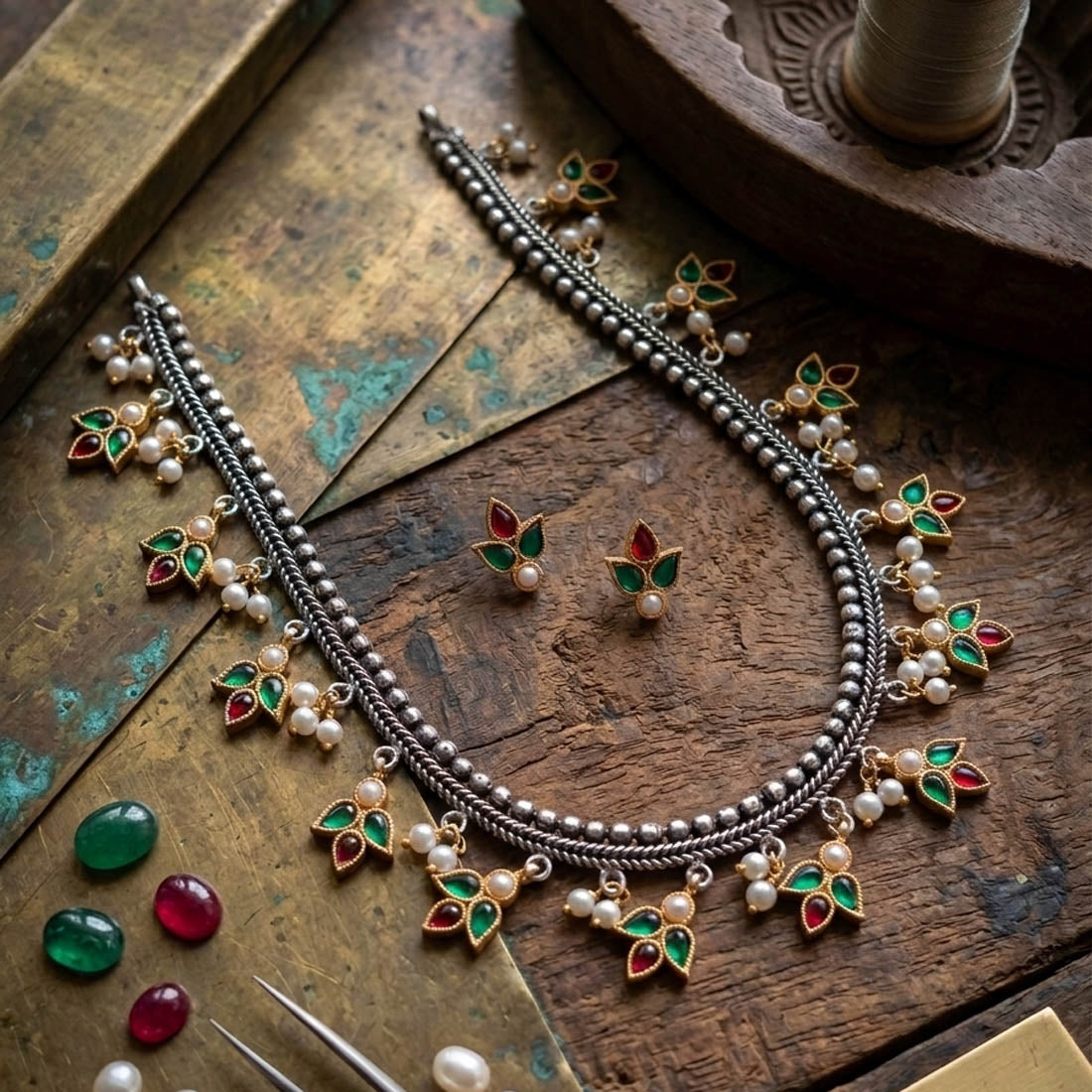 Maroon & Green Color Oxidised Necklace Set with Dual Tone Ethnic Charm