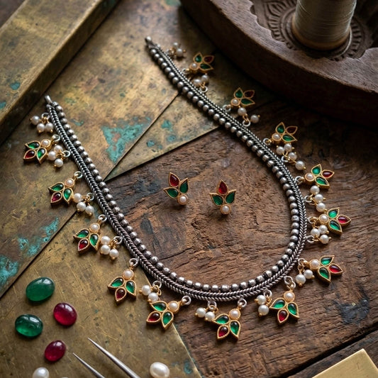 Maroon & Green Color Oxidised Necklace Set with Dual Tone Ethnic Charm