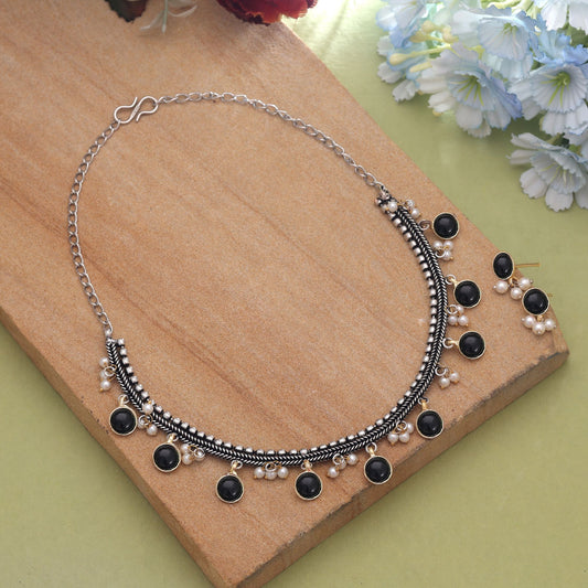 Black Color Dual Tone Oxidised Necklace Set Featuring Traditional Artwork