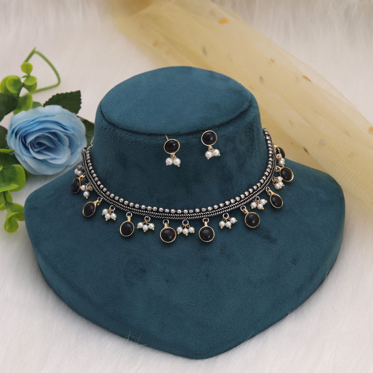 Black Color Dual Tone Oxidised Necklace Set Featuring Traditional Artwork