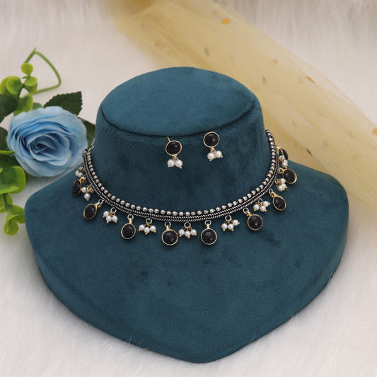Black Color Dual Tone Oxidised Necklace Set Featuring Traditional Artwork