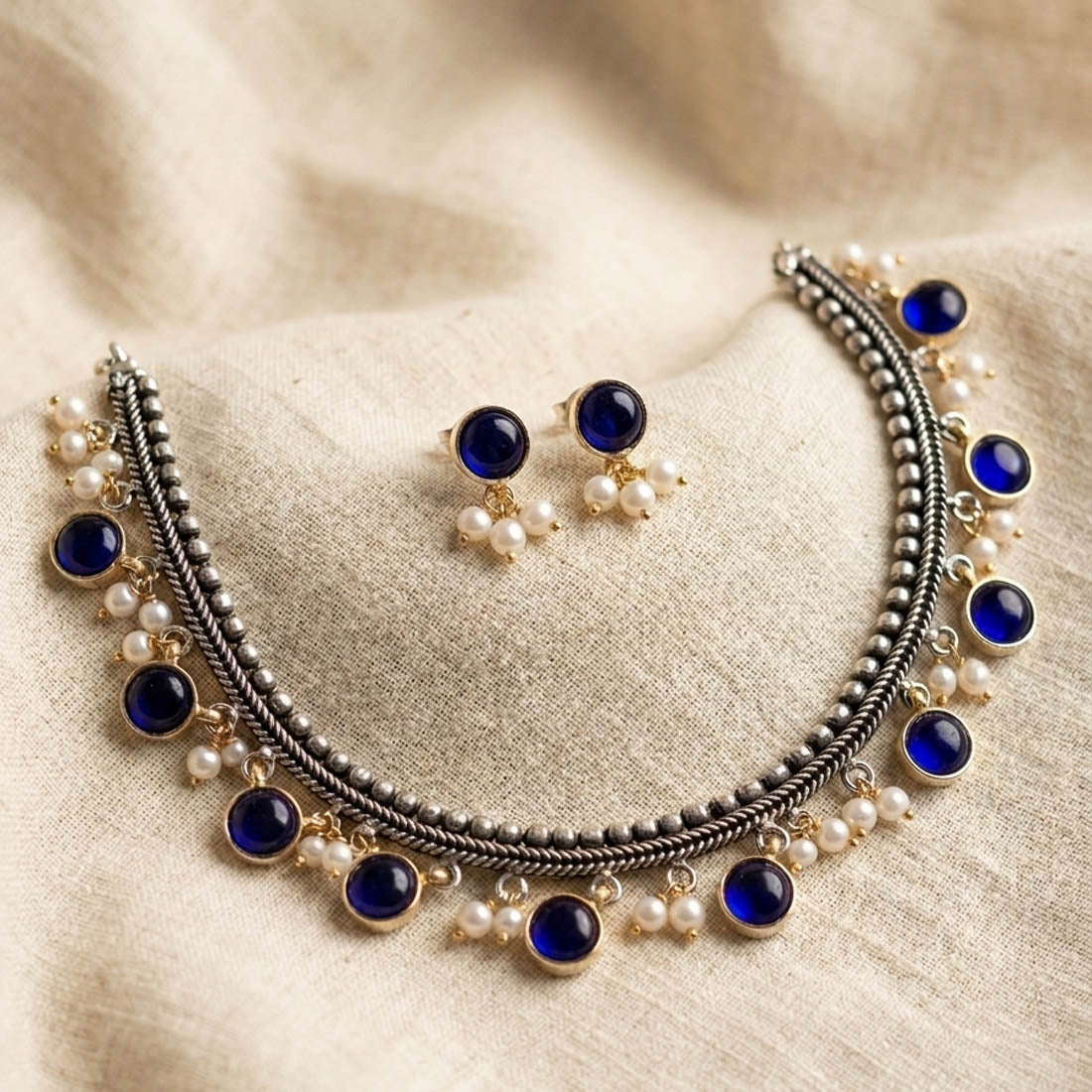 Blue Color Oxidised Necklace Set with Classic Dual Tone Traditional Look