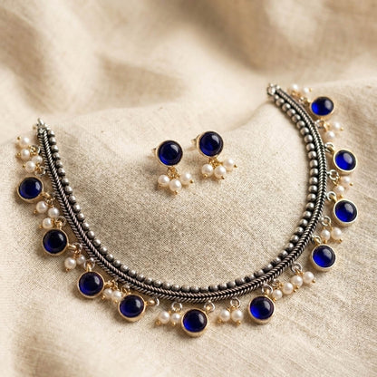 Blue Color Oxidised Necklace Set with Classic Dual Tone Traditional Look