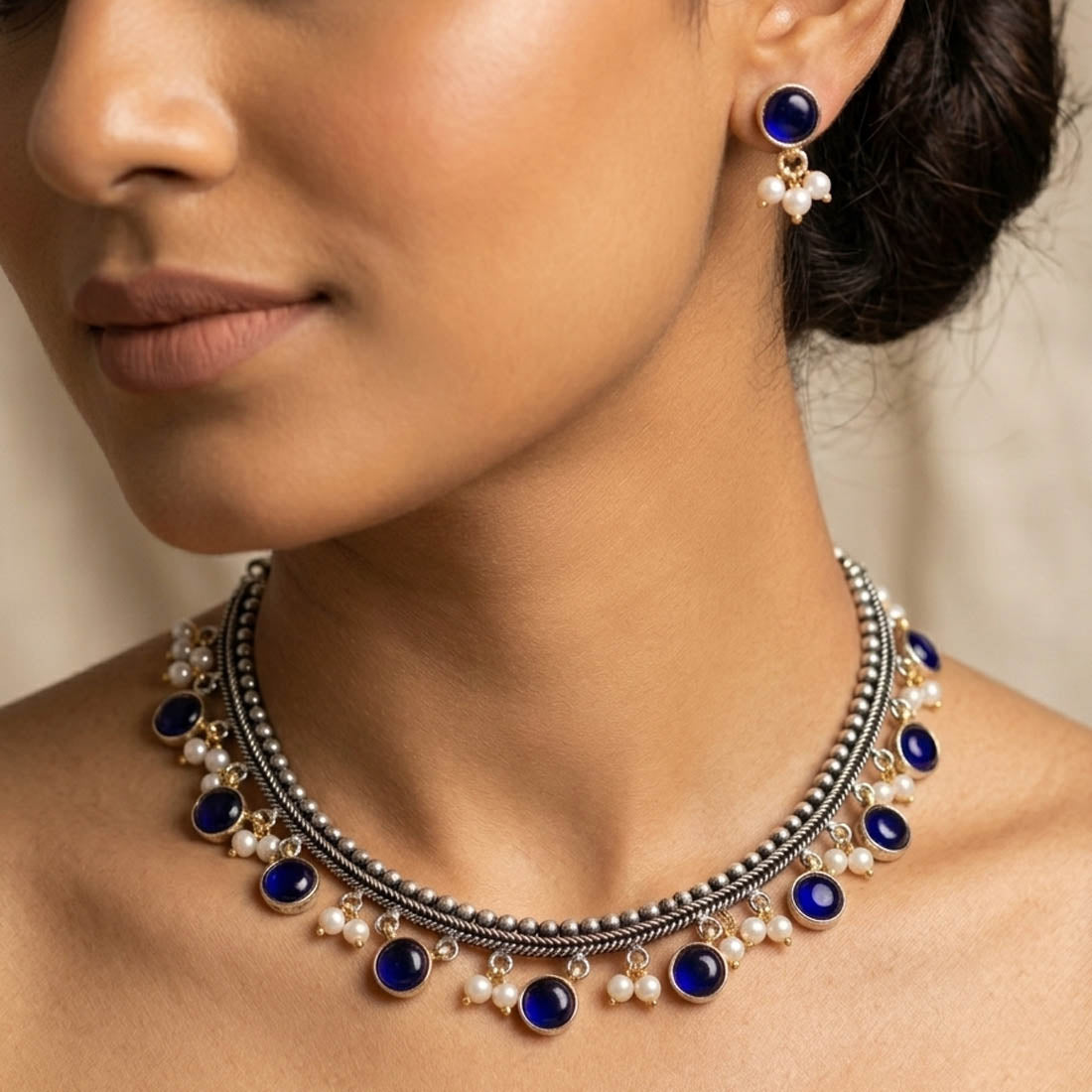 Blue Color Oxidised Necklace Set with Classic Dual Tone Traditional Look