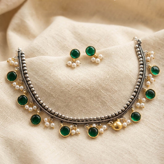 Green Color Oxidised Necklace Set with Stylish Dual Tone Ethnic Finish