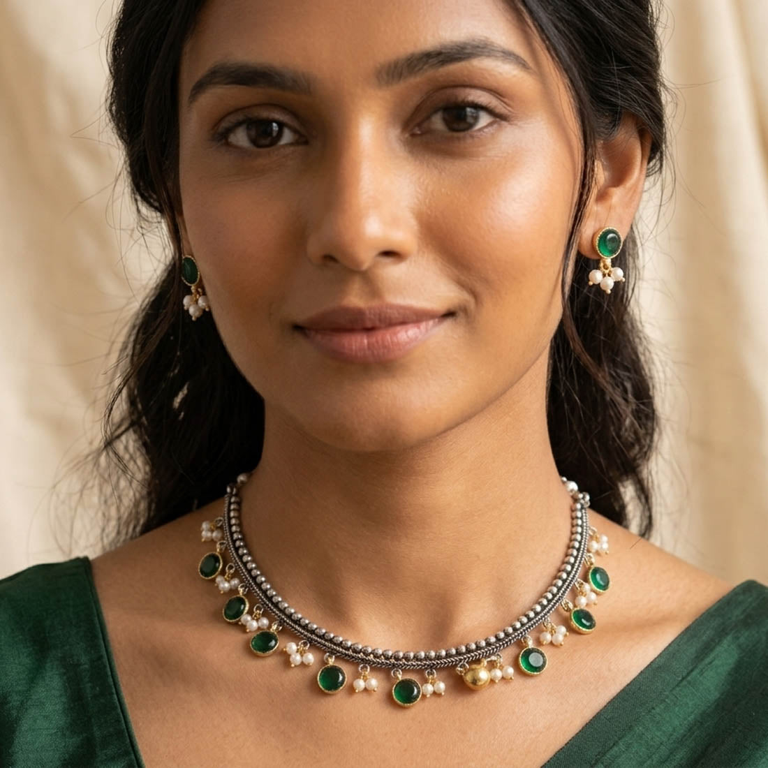 Green Color Oxidised Necklace Set with Stylish Dual Tone Ethnic Finish