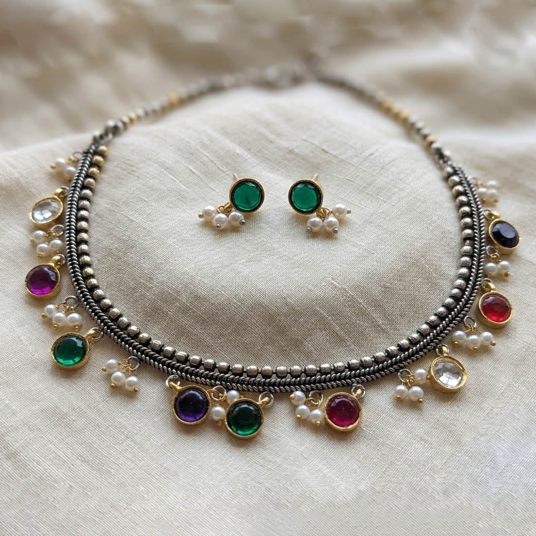 Multi Color Oxidised Necklace Set with Attractive Dual Tone Artwork