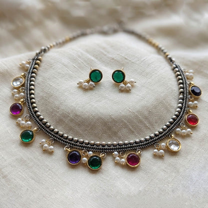 Multi Color Oxidised Necklace Set with Attractive Dual Tone Artwork