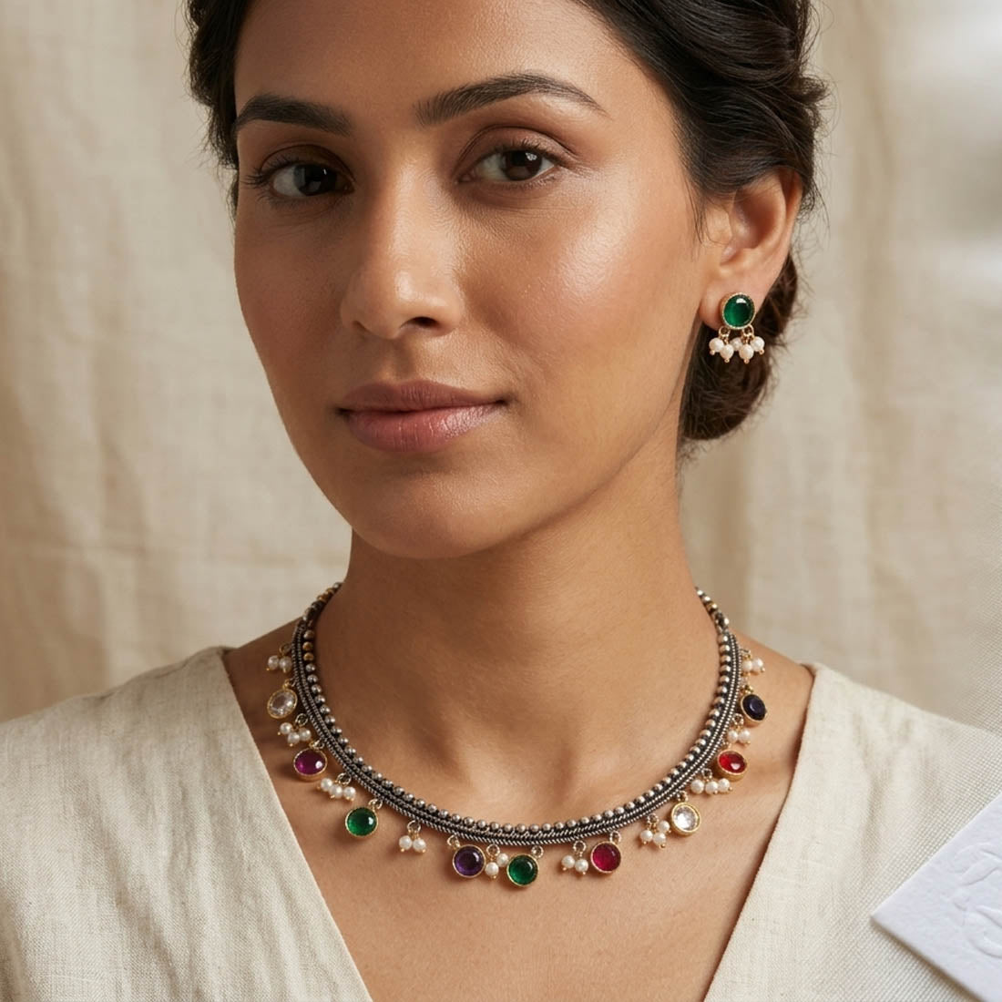 Multi Color Oxidised Necklace Set with Attractive Dual Tone Artwork