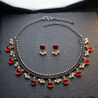 Red Color Oxidised Necklace Set with Beautiful Dual Tone Craftsmanship