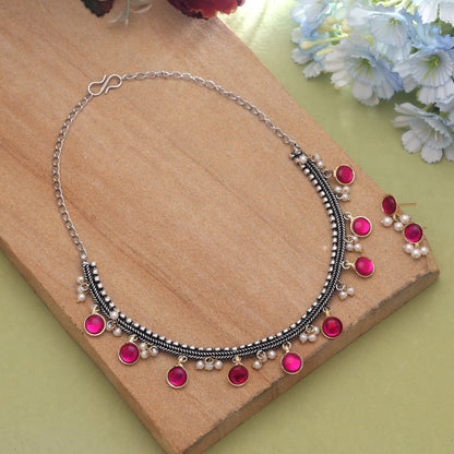 Rani Color Dual Tone Oxidised Necklace Set With Beautiful Festive Look