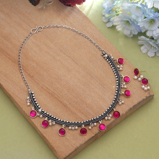 Rani Color Dual Tone Oxidised Necklace Set With Beautiful Festive Look