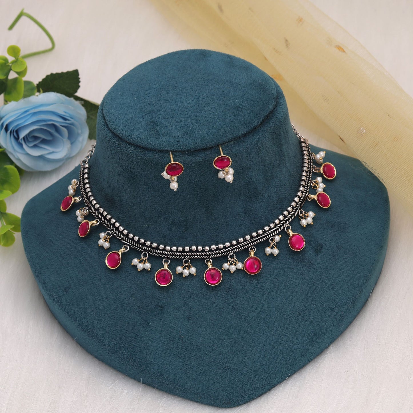 Rani Color Dual Tone Oxidised Necklace Set With Beautiful Festive Look
