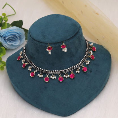 Rani Color Dual Tone Oxidised Necklace Set With Beautiful Festive Look