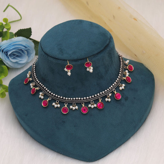 Rani Color Dual Tone Oxidised Necklace Set With Beautiful Festive Look