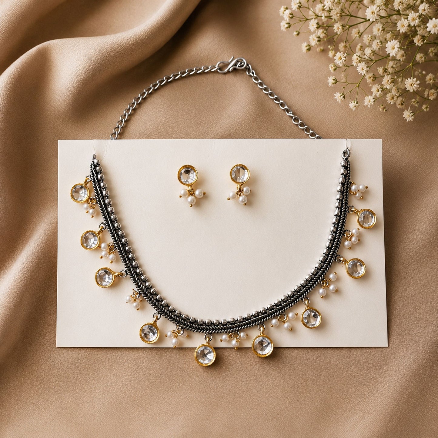 White Color Oxidised Necklace Set with Elegant Dual Tone Traditional Design