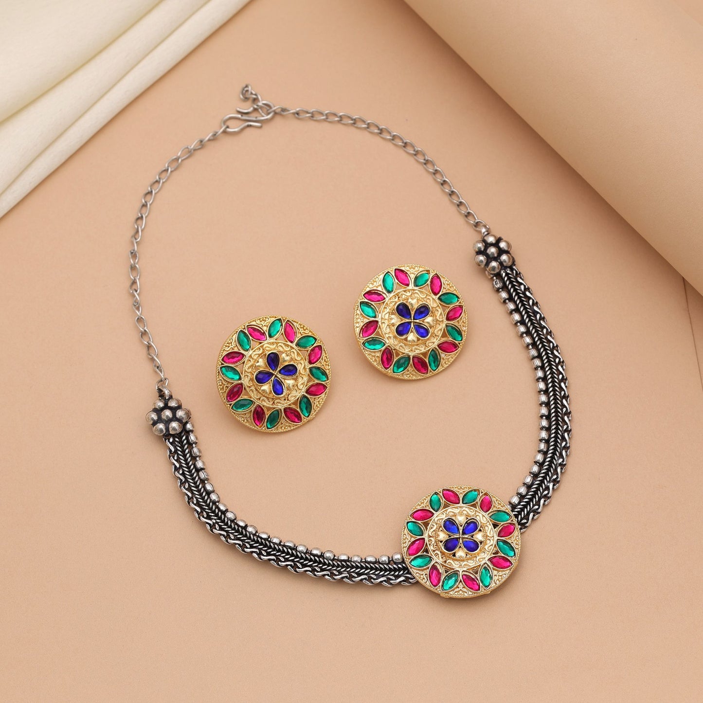Multi Color Dual Tone Oxidised Necklace Set For Vibrant Ethnic Fashion