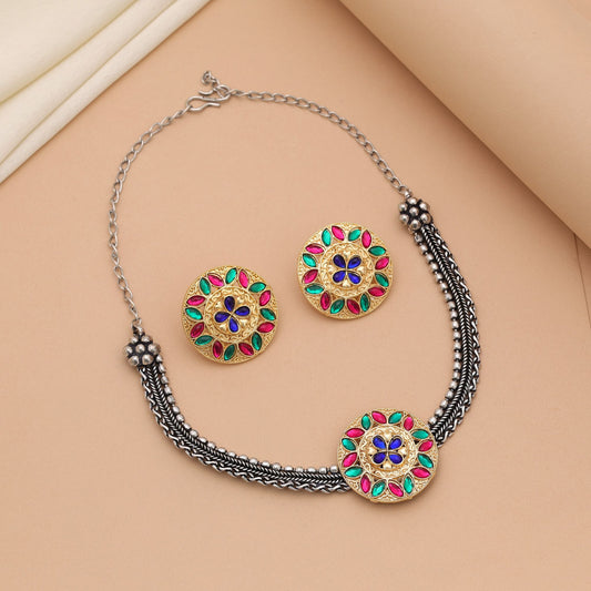 Multi Color Dual Tone Oxidised Necklace Set For Vibrant Ethnic Fashion