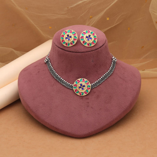 Multi Color Dual Tone Oxidised Necklace Set For Vibrant Ethnic Fashion
