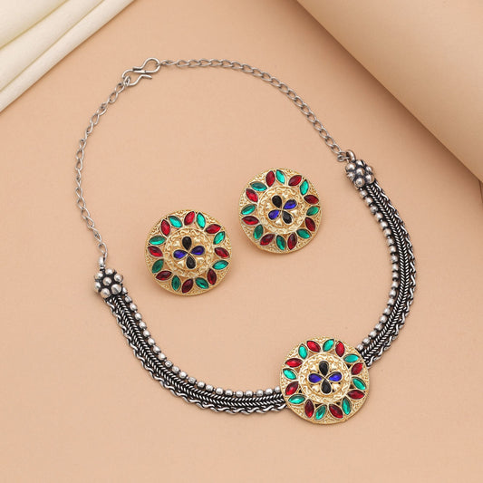Multi Color Dual Tone Oxidised Necklace Set Featuring Traditional Charm