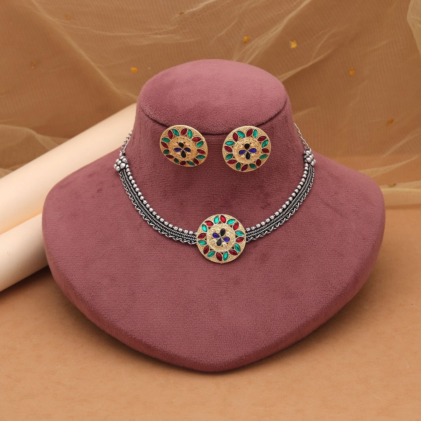 Multi Color Dual Tone Oxidised Necklace Set Featuring Traditional Charm