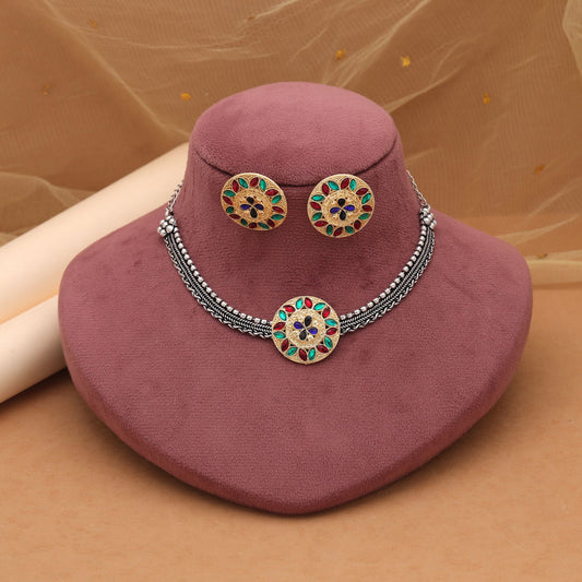 Multi Color Dual Tone Oxidised Necklace Set Featuring Traditional Charm