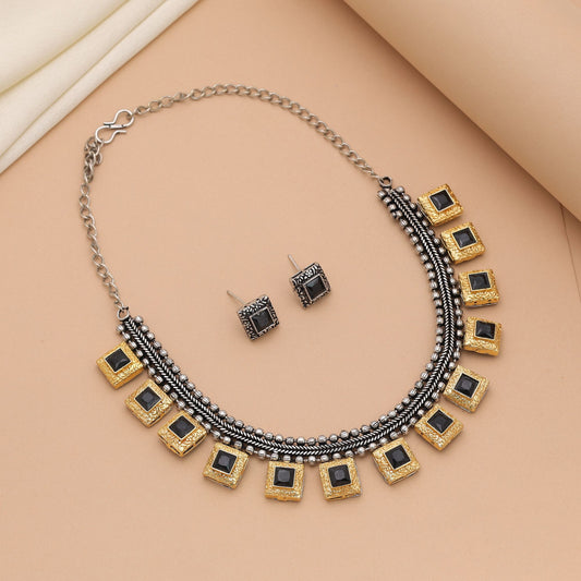 Black Color Dual Tone Oxidised Necklace Set With Elegant Party Styling