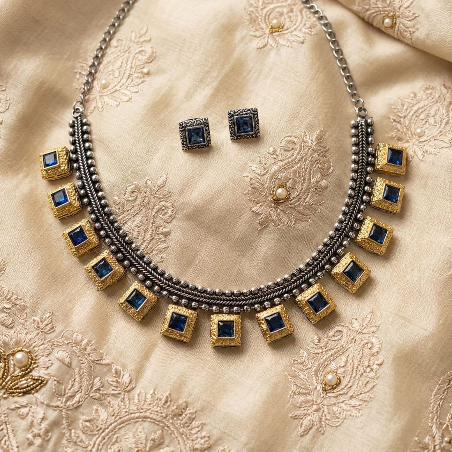 Blue Color Oxidised Necklace Set with Beautiful Dual Tone Artwork