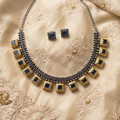 Blue Color Oxidised Necklace Set with Beautiful Dual Tone Artwork
