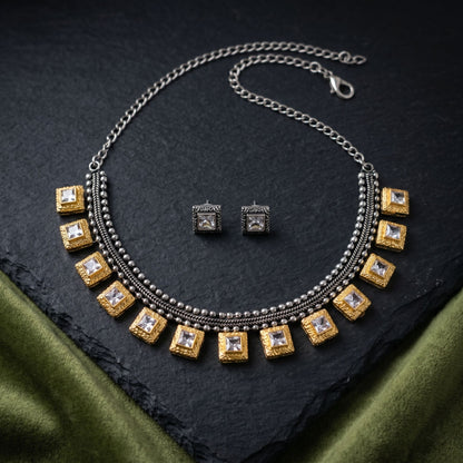 Gold & Silver Color Oxidised Necklace Set with Ethnic Dual Tone Appeal