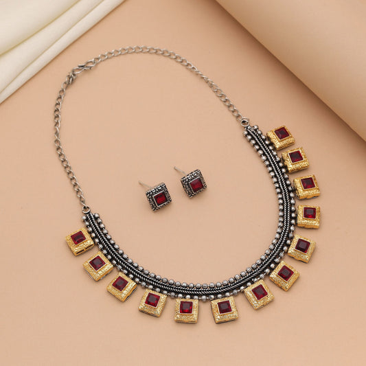 Maroon Color Dual Tone Oxidised Necklace Set Inspired By Ethnic Trends