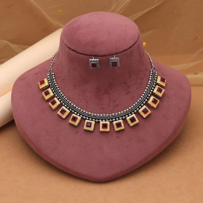 Maroon Color Dual Tone Oxidised Necklace Set Inspired By Ethnic Trends