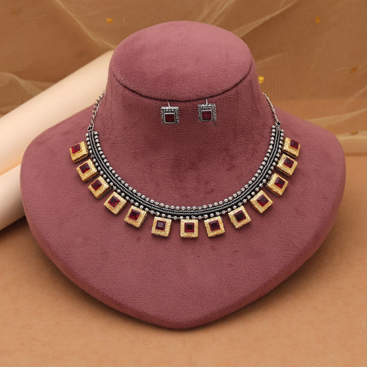 Maroon Color Dual Tone Oxidised Necklace Set Inspired By Ethnic Trends