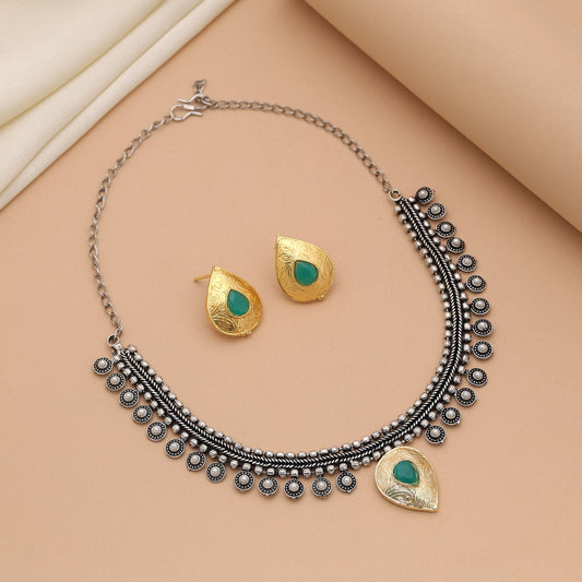 Green Color Dual Tone Oxidised Necklace Set With Handcrafted Appeal